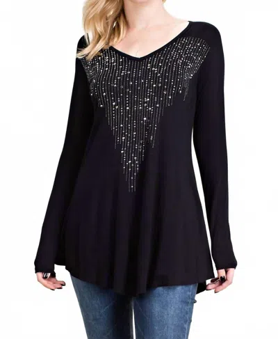 Vocal Apparel Stone Accents Long Sleeve Top In Black In Blue