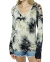Vocal Apparel Tie Dye Stud Sliced Long Sleeve Top In Natural/black In Multi