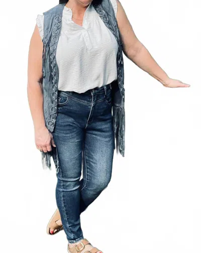 Vocal Apparel Velvet Fringe Vest In Dreamy Dusty Blue