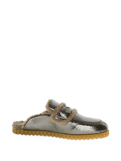 Voile Blanche Freia Crackle-effect Shearling-trim Mules In Silver
