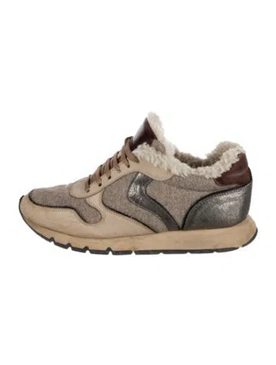 Pre-owned Voile Blanche Printed Fur Trim Sneakers In Brown
