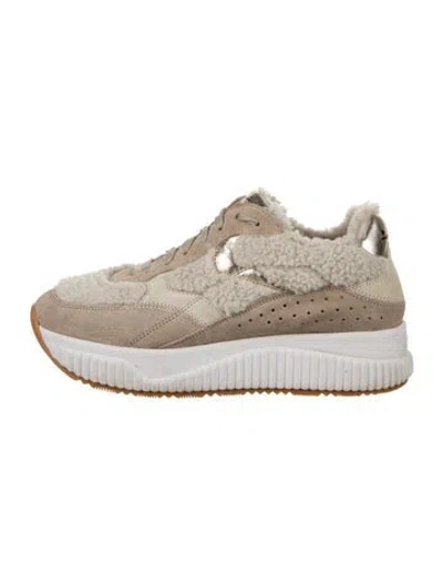 Pre-owned Voile Blanche Suede Faux Fur Trim Sneakers In Neutrals