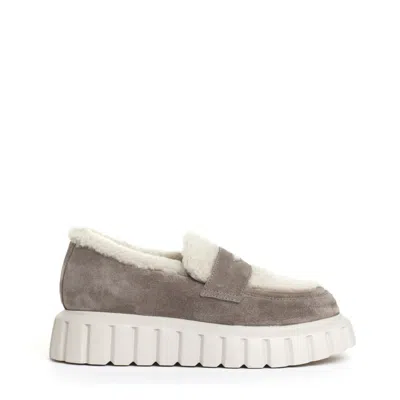 Voile Blanche Taupe Suede Moccasin With Eco-fur Accents In Neutrals
