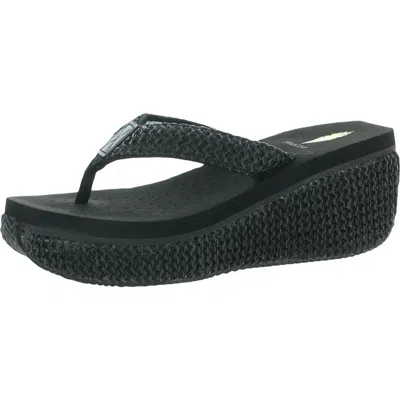 Volatile Island Womens Thong Slides Wedge Sandals In Black Raffia Fabric