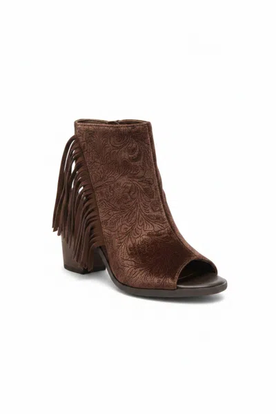 Volatile Women's Embossed Velvet Fringe Western Bootie In Brown