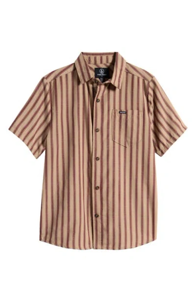 Volcom Baby Kids' Arvo Stripe Short Sleeve Button-up Shirt In Khaki