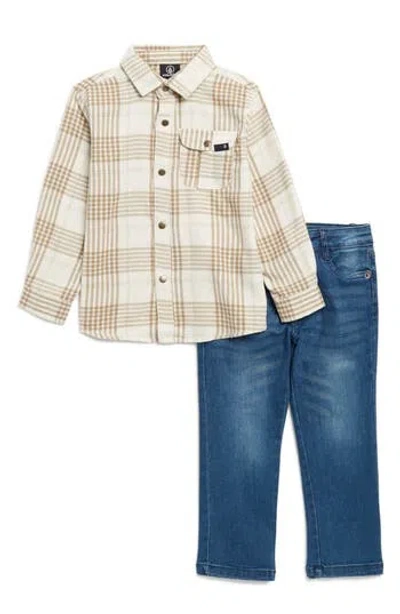 VOLCOM BABY VOLCOM BABY KIDS' PLAID FLANNEL & DENIM JEANS SET 