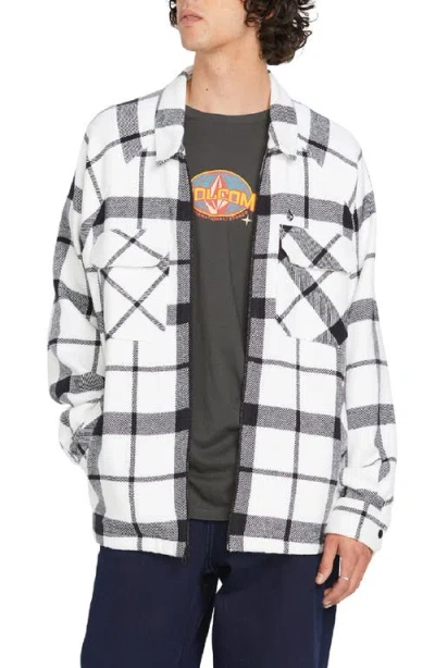 Volcom Bartostone Plaid Long Sleeve Flannel Zip Front Shirt In White