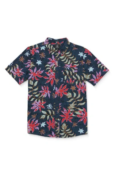 Volcom Floral Motion Short Sleeve Button-up Shirt In Navy