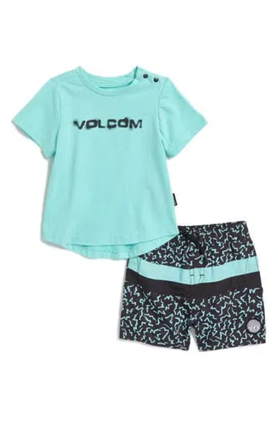 Volcom Babies'  Graphic T-shirt & Swim Trunks Set In Teal Blue