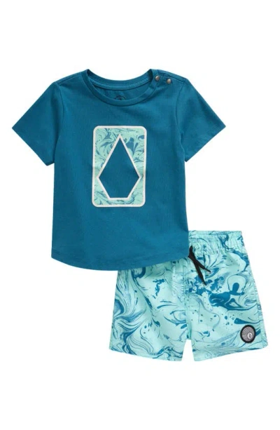 Volcom Babies' Heathered Graphic T-shirt & Swim Shorts Set In Blue