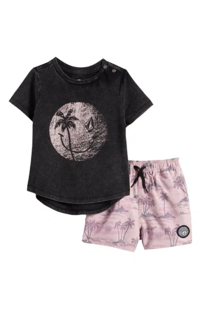 Volcom Babies' Heathered Graphic T-shirt & Swim Shorts Set In Faded Black