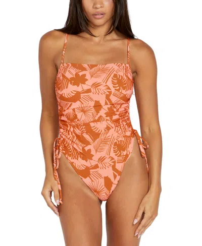 Volcom Juniors' Blocked Out Printed Ruched One-piece Swimsuit In Reef Pink