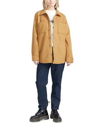 Volcom Juniors' Bonded Long-sleeve Button-front Shacket In Vintage Brown