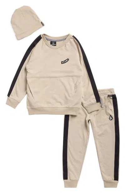 Volcom Kids' 3-piece Fleece Sweatshirt & Joggers Set With Beanie In Khaki