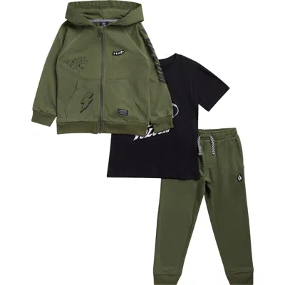 Volcom Kids' 3-piece Hoodie, T-shirt & Joggers Set In Green