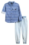 Volcom Kids' Button-up Shirt & Denim Joggers Set In Blue