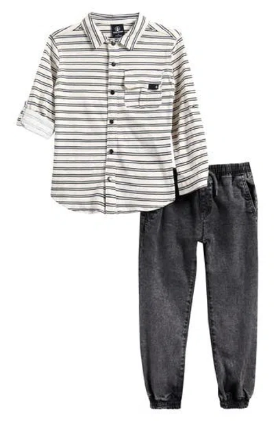 Volcom Kids' Button-up Shirt & Denim Joggers Set In White
