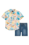 Volcom Kids' Button-up Shirt & Denim Shorts Set In Teal
