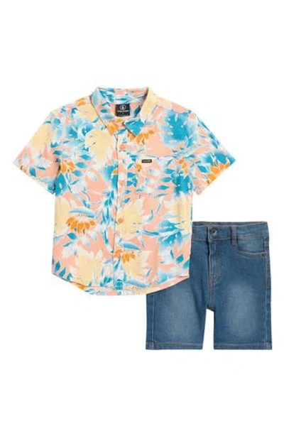 Volcom Kids' Button-up Shirt & Denim Shorts Set In Teal