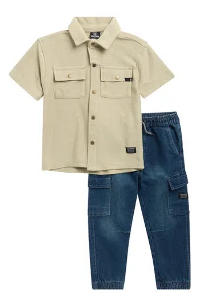 Volcom Kids' Button-up Shirt & Denim Cargo Joggers Set In Neutral