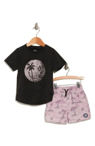 Volcom Kids' Graphic T-shirt & Swim Shorts Set In Faded Black