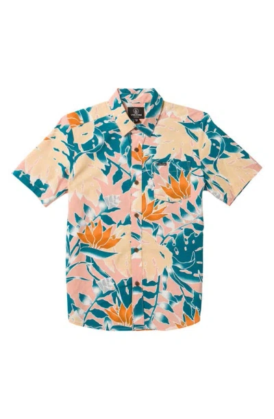 Volcom Kids' Leaf Pit Floral Short Sleeve Button-up Shirt In Salmon