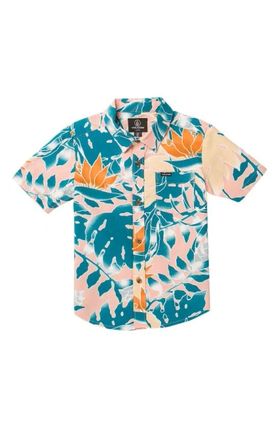 Volcom Kids' Leaf Pit Floral Short Sleeve Button-up Shirt In Salmon