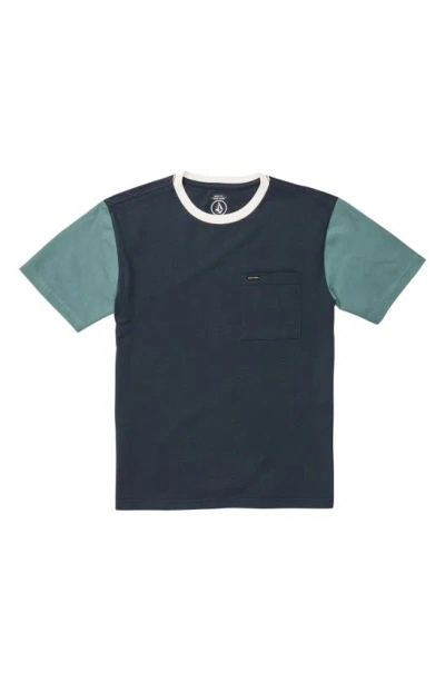 Volcom Kids' Overgrown Colourblock Cotton Cotton Pocket T-shirt In Navy