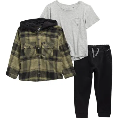 VOLCOM VOLCOM KIDS' PLAID FLANNEL HOODED JACKET, T-SHIRT & FLEECE JOGGERS SET
