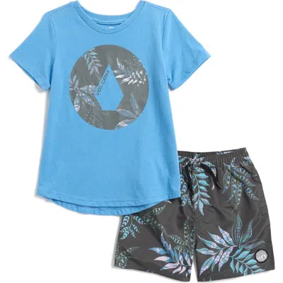 Volcom Kids' Rashguard Top & Swim Shorts Set In Med Blue