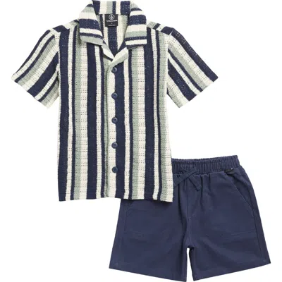 Volcom Kids' Short Sleeve Camp Shirt & Shorts Set In Blue