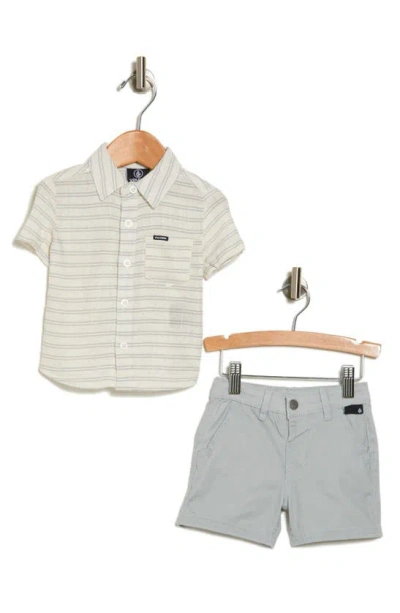Volcom Babies'  Stripe Short Sleeve Button-up Shirt & Shorts Set In Oatmeal