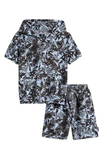 Volcom Kids' Tie Dye Short Sleeve Hoodie & Shorts Set In Gray