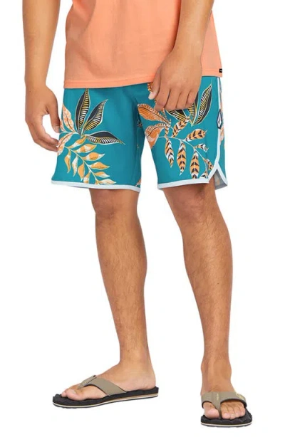 Volcom Men's Lido Print Scallop Mod 19" Board Shorts In Ocean Teal