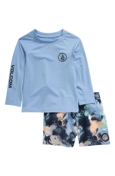 Volcom Babies' Long Sleeve Rashguard T-shirt & Swim Shorts Set In Blue