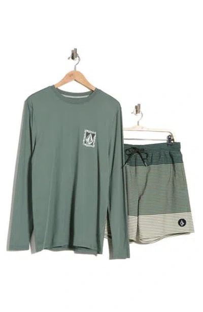 Volcom Long Sleeve Swim T-shirt & Swim Shorts Set In Green