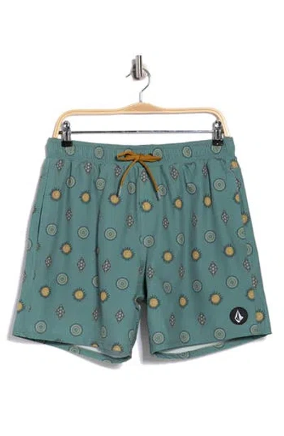 Volcom Manic Print Swim Trunks In Green