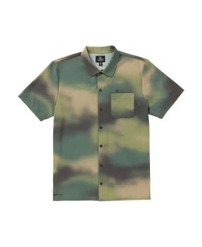 Volcom Ridgestone Perforated Short Sleeve Stretch Button-up Shirt In Camouflage