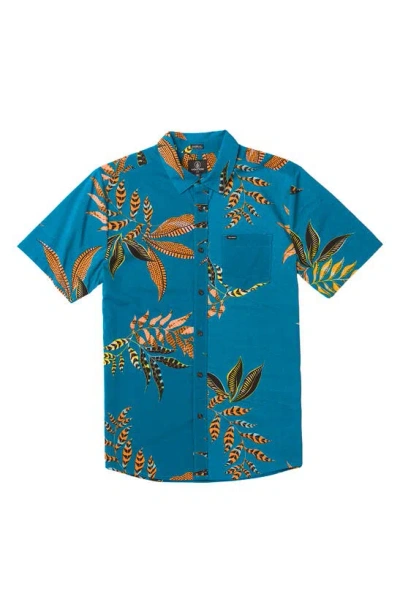 Volcom Paradiso Floral Short Sleeve Button-up Shirt In Ocean Teal