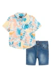 Volcom Short Sleeve Button-up Shirt & Denim Shorts Set In Teal