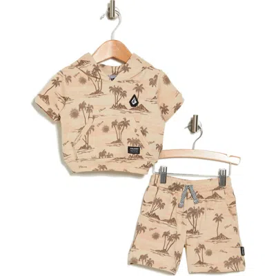 Volcom Short Sleeve Hoodie & Pull-on Shorts Set In Wheat