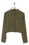 Volcom Slowburn Long Sleeve Crop Button-up Shirt In Moss