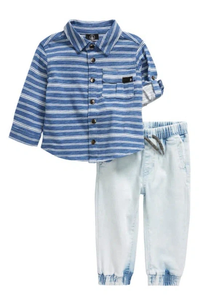 Volcom Babies' Slub Snap Front Knit Shirt & Denim Joggers Set In Blue