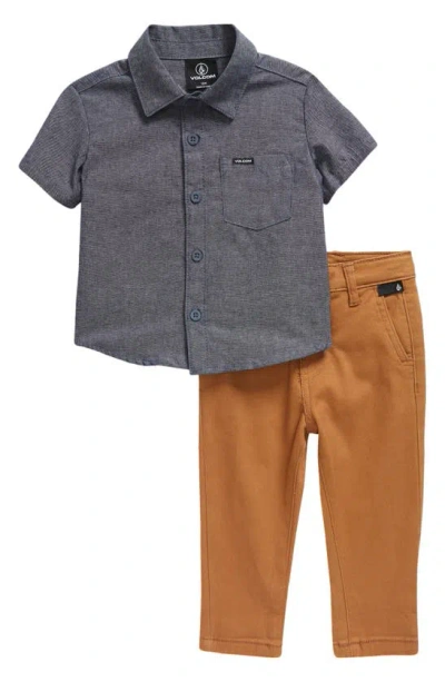 Volcom Babies' Stripe Short Sleeve Button-up Shirt & Chinos Set In Blue