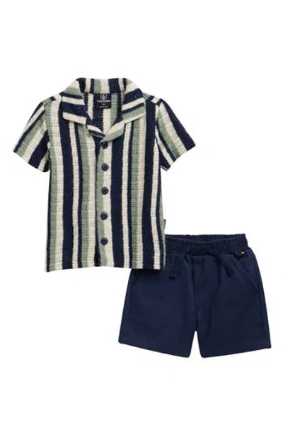 Volcom Babies'  Stripe Short Sleeve Knit Button-up Shirt & Shorts Set In Blue