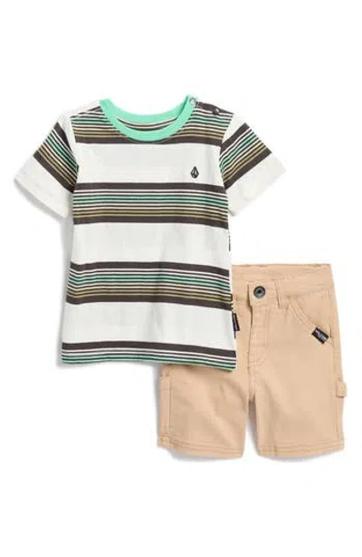 Volcom Babies'  Stripe T-shirt & Carpenter Shorts Set In Green