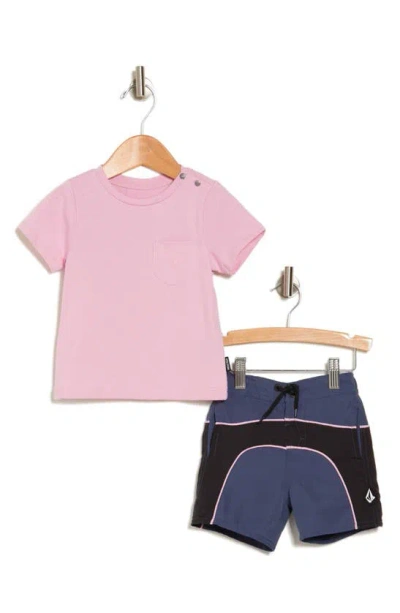 Volcom Babies'  Two-piece Top & Swim Trunks In Faded Pink