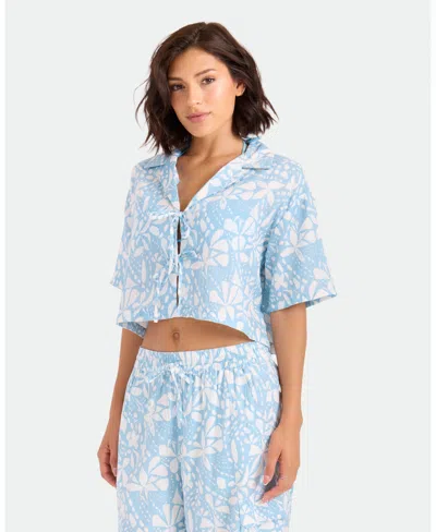 Volcom Women's Floral Print Front Tie Swim Cover-up Shirt In Blue