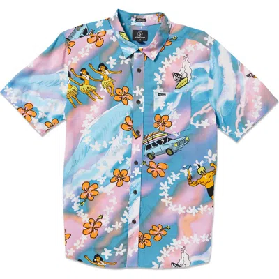 Volcom X Drew Toonz Short Sleeve Button-up Shirt In Bay Blue